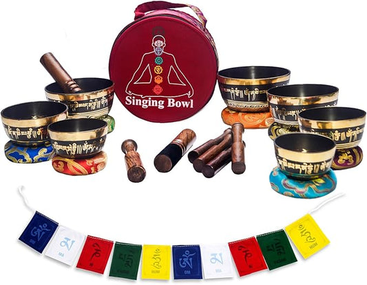 KHUSI Tibetan Singing Bowl Set of 7, Thadobati, Handcrafted, Mantra Engraved Singing Bowl for Yoga, Chakra healing, Relaxation, Stress Relief, Comes w/silk cushions, 7 sticks, Brocade Box - Bloomnest