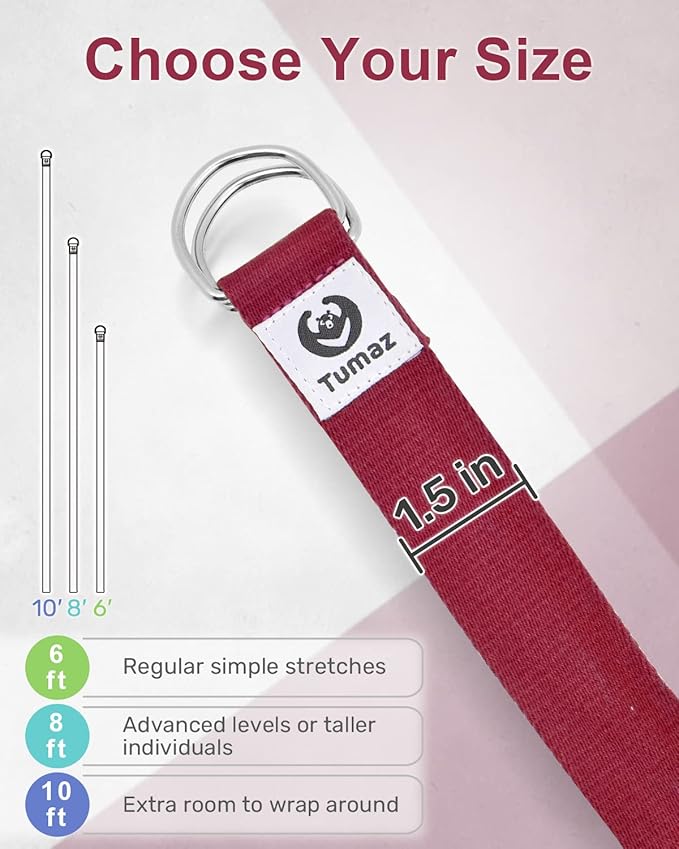 Tumaz Yoga Strap/Stretch Bands [15+ Colors, 6/8/10 Feet Options] with Extra Safe Adjustable D-Ring Buckle, Durable and Comfy Delicate Texture - Best for Daily Stretching, Physical Therapy, Fitness - Bloomnest