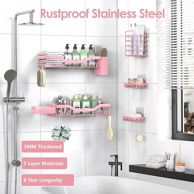 Shower Caddy Adhesive Shower Organizer 7-Pack, Rustproof Stainless Steel Bathroom Shelves, Large Capacity No-Drill Rack Storage Accessories with Soap Dish Toothbrush Holder Hooks - Bloomnest