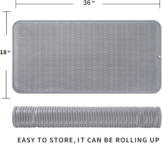 Silicone Dish Drying Mat for Multiple Usage,Easy clean,Eco-friendly,Heat-resistant Silicone Mat for Kitchen Counter or Sink,Refrigerator or Drawer Liner Grey 5XL 36inches x 18inches - Bloomnest