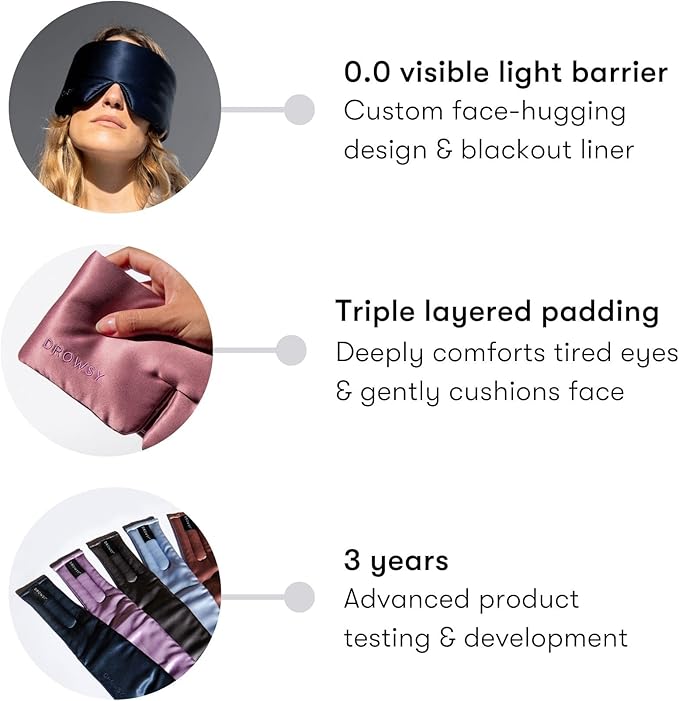 DROWSY Silk Sleep Mask - Face-Hugging, Padded Cocoon for Luxury Sleep in Total Darkness - 100% Pure Mulberry Silk (Purple Martini)