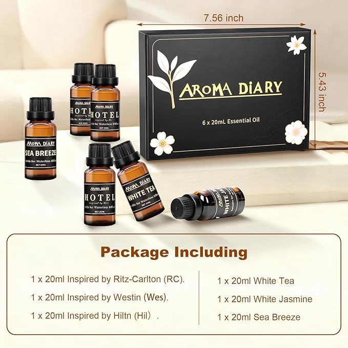 Essential Oil Set for Diffuser, 6x20ml Fragrance Oil Refill for Waterless Diffuser Candle Making for Home Car Office, Hotel Scents, White Tea, White Jasmine, Sea Breeze, Aromatherapy Gift - Bloomnest