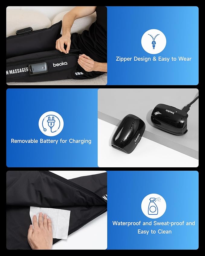 beoka Leg Massager for Circulation and Pain Relief, Leg Recovery System for Fast Recovery, Cordless Air Compression Boots with 3 Modes 5 Intensities for Athletes Runners and Travelers-M