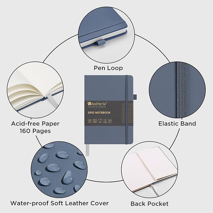 &And Per Se Graph Journal Notebook, 160 Pages, A5 5.7 x 8 inches 100 gsm Thick Paper Notebook Journals for Writing, Grid Hardcover Notebook(1 Pack, Dark Blue)