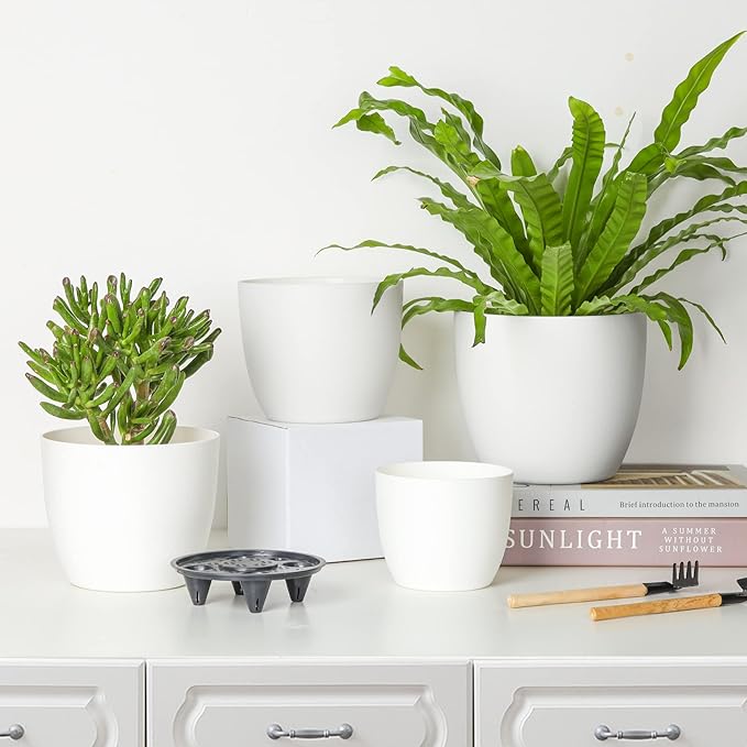 T4U 6 Inch Self Watering Planters Plastic Plant Pot, Modern Decorative Flower Pot/Window Box for All House Plants, Flowers, Herbs, African Violets, Succulents - White, Set of 6 - Bloomnest