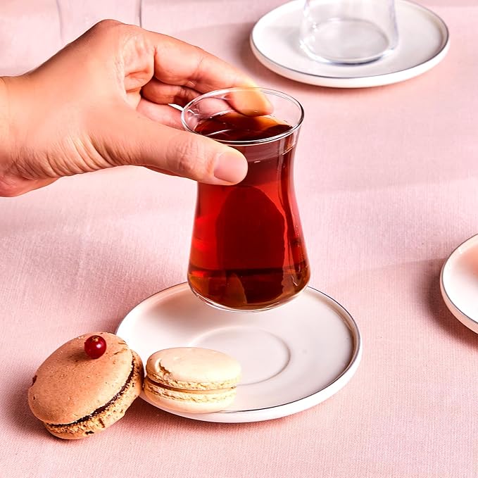 Karaca Streamline Saturn 12-Piece Turkish Tea Cups for 6 People, 5.75 fl oz Turkish Tea Glasses Set, Durable Glass with Platin Detailing & White Color Saucers - Bloomnest