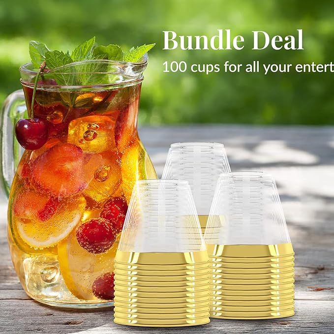 Prestee 100-Pack 9oz Gold Rimmed Plastic Cups Disposable Wine Glasses for Charcuterie, Weddings, Parties, and Events - Elegant Cocktail and Drinking Cups for Champagne, Martini, and Mocktails - Bloomnest