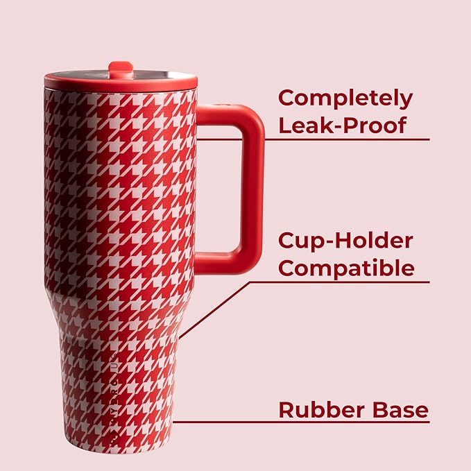 HydroJug Traveler - 40 oz Water Bottle with Handle & Flip Straw - Fits in Cup Holder, Leak Resistant Tumbler-Reusable Insulated Stainless Steel & Rubber Base - Gifts for Women & Men, Halle Houndstooth Hydrojug