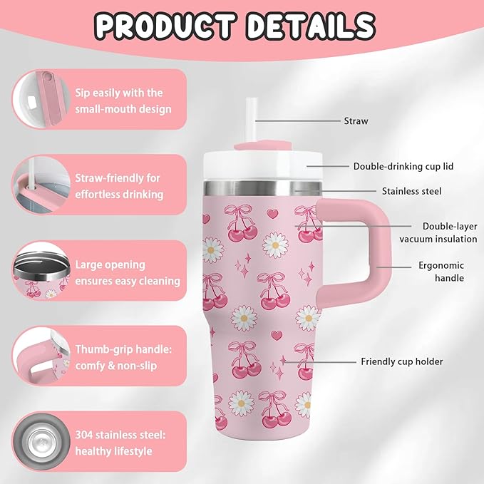 Cherry Bow Gifts for Girls - 14oz Kids Tumbler with Handle and Straw, Stainless Steel Insulated Water Cup, for Sport, School, Travel - Pink Bow Cherry Themed Children Birthday Gift Cup(1pc) - Bloomnest