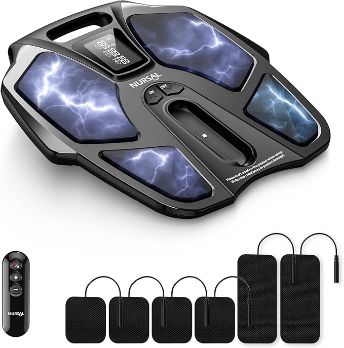 NURSAL EMS Foot Massager for Neuropathy, Electric Muscle Stimulator for Feet & Legs Circulation, TENS Unit for Feet with 6 Reusable Pads, Wireless Remote with 90 Adjustable Intensity Levels