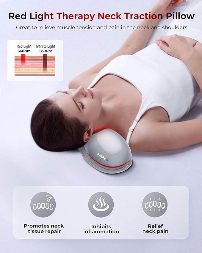 Heated Neck Stretcher with Red Light Therapy, Wireless Cervical Traction Device for TMJ Pain Relief and Shoulder Relaxer, Neck Traction Massager Pillow for Home/Office Used - Bloomnest