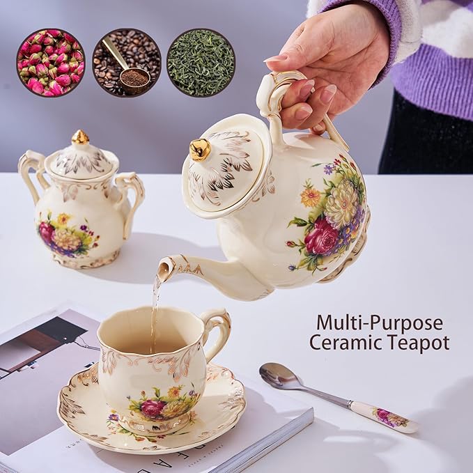 YOLIFE Floral Teapot, 35oz/4 Cup Vintage Ivory Ceramic Tea Pot with Infuser for Loose Leaf Tea, Flowering Shrubs Teapot with Gold Trim - Bloomnest