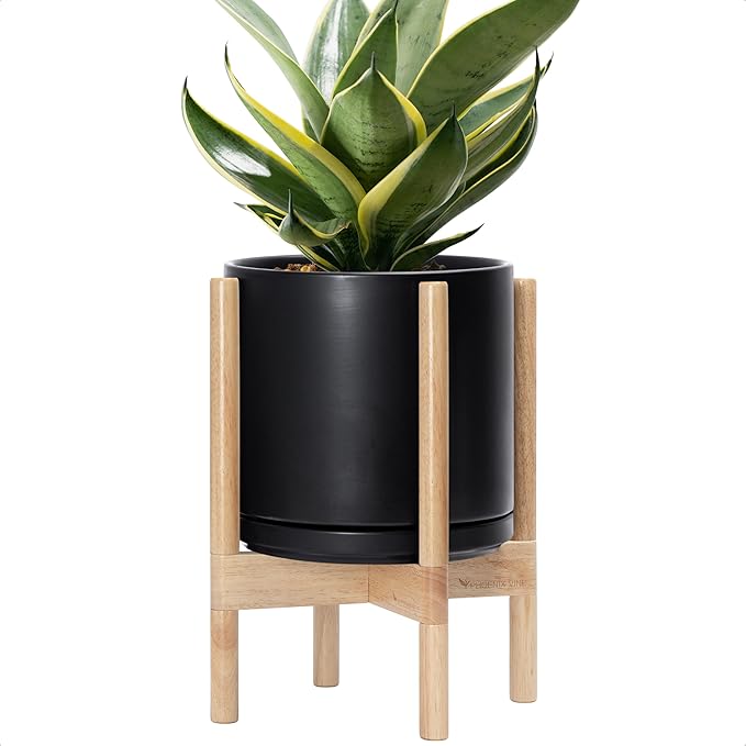 D'vine Dev Ceramic Planter with Natural Stand - 10 Inch Modern Round Flower Pot with Wood Planter Holder, Black, 55-B-K-2 - Bloomnest