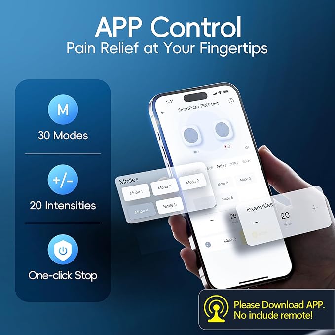 Comfytemp Wireless TENS Unit Machine for Pain Relief, FSA HSA Eligible TENS Unit Muscle Stimulator with Two Sets, Up to 30 Modes TENS Device for Back Pain, Rechargeable Portable with APP Control Comfytemp