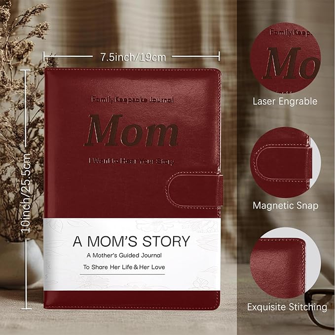 Artmag Mom's Life Story Journal with 250+ Prompt Questions, Family Keepsake Book Leather Cover for Mom to Share Her Memories for Birthday Mother's Day Christmas (Red) - Bloomnest