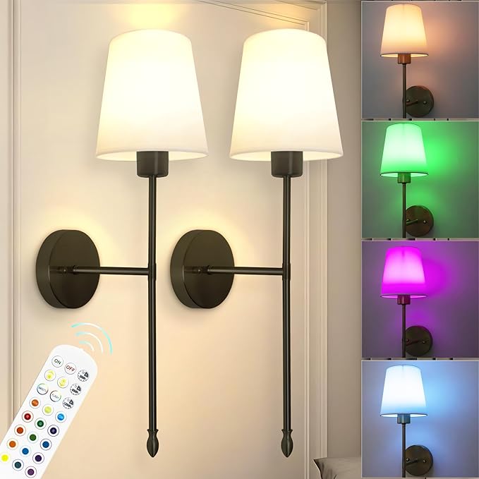 Battery Operated Wall Sconce Set of 2, 15 Colors Rechargeable Wall Lights with Dimmable Bulbs and Remote, Black Wireless Wall Lamp for Living Room Hallway Bedroom - Bloomnest
