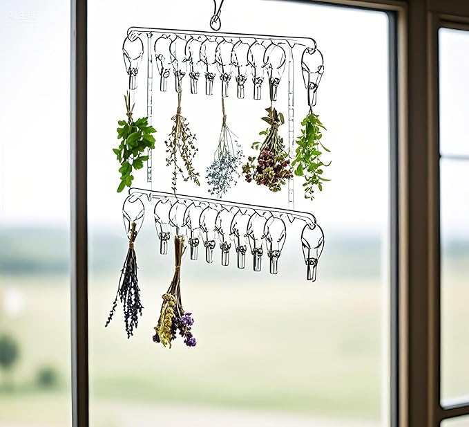 2 Pack Herb Drying Rack, Stainless Steel Herb Drying Rack Hanging with 20 Hooks, 2 Tiers Dryer Rack for Herb Macrame Flower - Bloomnest