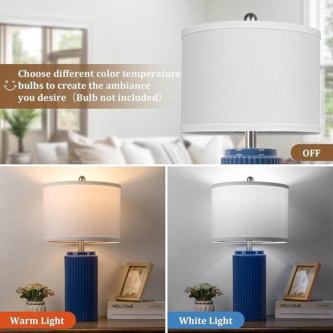 TOBUSA 23.5’’ Blue Table Lamps for Bedroom Set of 2, Modern Farmhouse Ceramic Bedside Nightstand Lamps for Living Room, Decorative Boho Ceramic Lamps Set for Home Office End Table Console, White Shade - Bloomnest