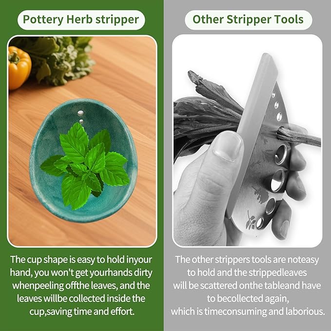 Herb Stripper, Herb Chopper, Herb Stripper Bowl, Kitchen Herb Stripping Tool for Kale, Small Pottery Herb Stripper Ceramic Bowl, Suitable for Peeling off the Leafy Assembly (Celadon Glaze) - Bloomnest