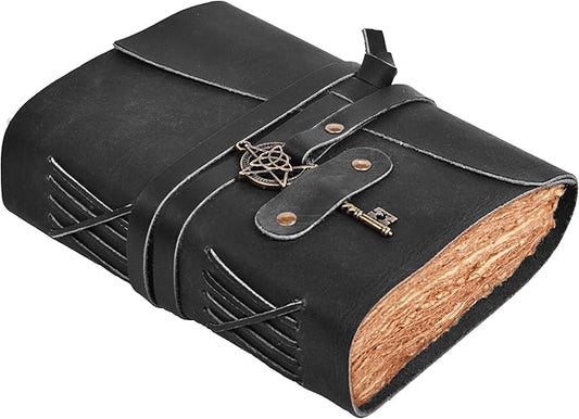 LEATHER VILLAGE Leather Bound Vintage Journal for Women & Men - 7"X5"(A7), Distressed Black, 200 Pages of Handmade Deckle Edges Watercolor Paper - Antique Lock Closure - Book of Shadow - Bloomnest