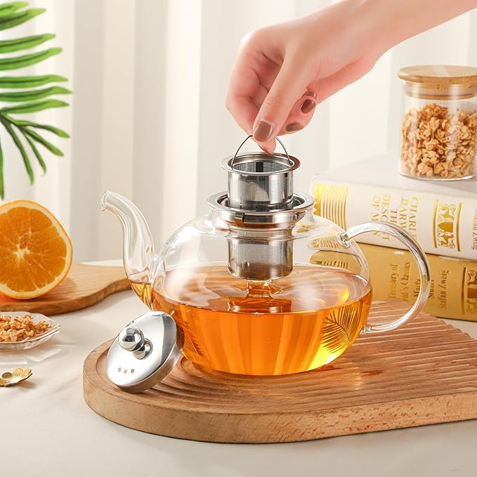 50OZ/1500ML Glass Teapot Set with 4 Teacups & Removable Stainless Steel Infuser, Stovetop & Microwave Safe Clear Tea Maker Water Kettle with 12OZ/360ML Tea Cups for Loose Leaf Blooming Tea - Bloomnest