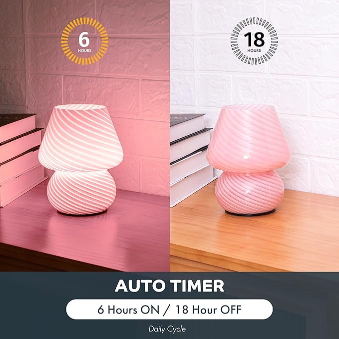 Battery Operated Mushroom Lamp-Cute Small Pink Aesthetic Table Lamp with Timer,Cordless Bedside Lamp for Girl Gifts,Glass Decorative Lamp for Bedroom/Entryway/Shelf/Desk Decor/Dorm/Office - Bloomnest
