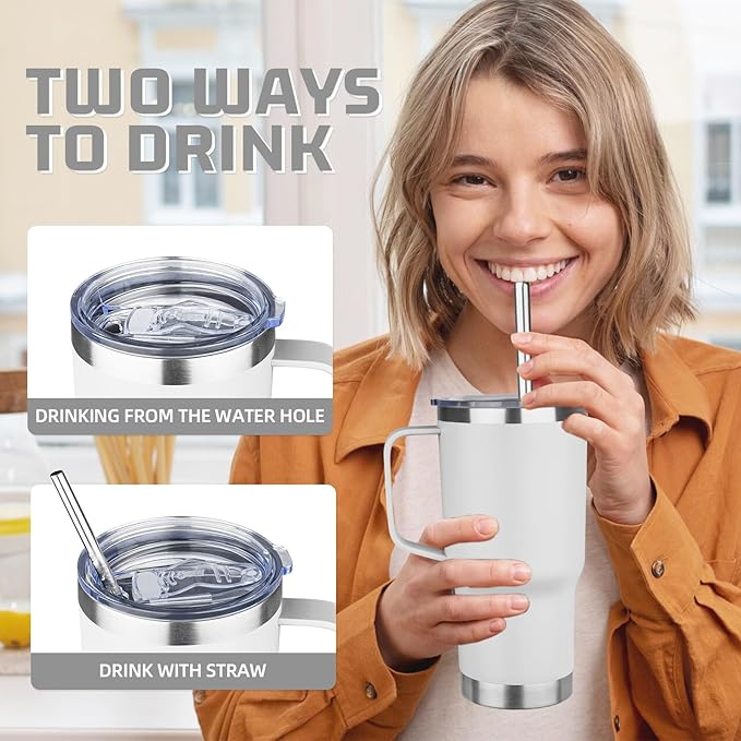 20 oz Tumbler with Handle Stainless Steel Insulated Coffee Mug Tumbler with Lid and Straw Double Wall Vacuum Insulated Coffee Mug Leak Proof Travel Mug Tumbler for Hot and Cold Drink (White,1pack)