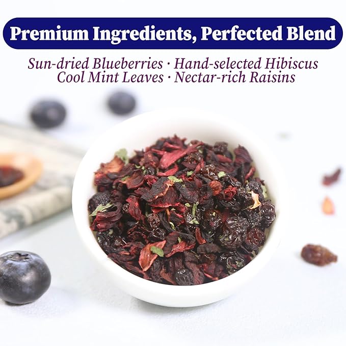 FullChea - Blueberry Tea Bags, 50 Teabags - Premium Blueberry Blend Herbal Tea - Harmonious Mix of Blueberries, Hibiscus, Raisins, Mint Leaves - Rich in Natural Goodness, Delightful Taste - Bloomnest