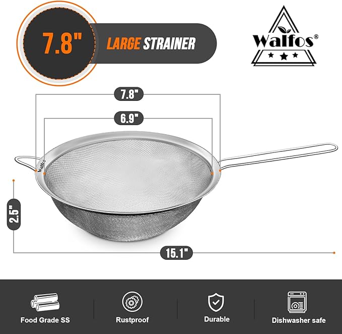 Walfos 7.8 Inch Fine Mesh Strainer, Premium Stainless Steel Colanders and Sifters, with Reinforced Frame and Sturdy Handle, Perfect for Sift, Strain, Drain and Rinse Vegetables, Pastas and Tea - Bloomnest