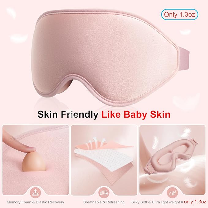 3D Sleep Mask with Earplugs, 100% Light Blackout Eye Mask for Sleep, Washable Sleeping Mask, 0 Pressure Eye Covers for Sleep with Wider Adjustable Strap, Only 1.3oz Light Soft Sleeping Mask (Pink) - Bloomnest