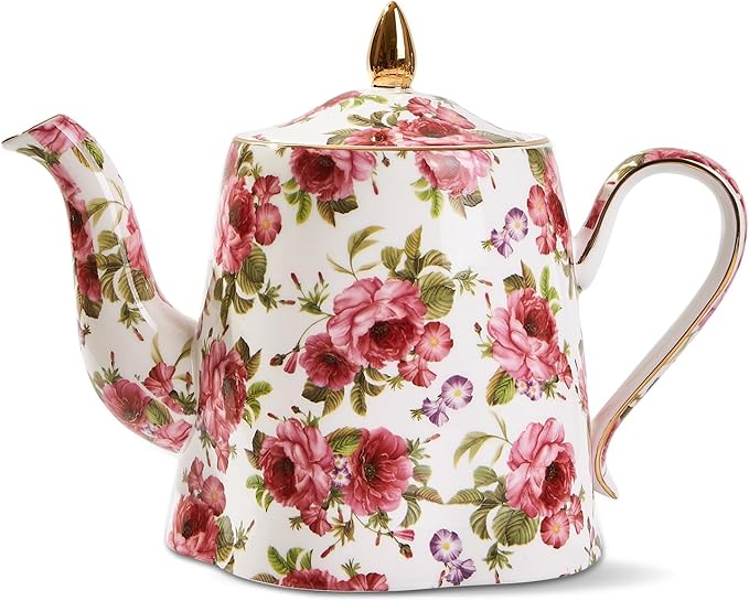 Floral Tea Pot, 30 OZ Ceramic Vintage Teapots, Porcelain Cute Tea Pot with Pink Roses and Gold Trim, Decorative Teapot for Tea Party, Housewarming, Christmas, Thanksgiving Gifts - Bloomnest