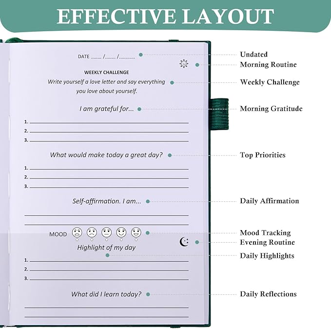 Gratitude Journal with 4 Inspirational Stickers: Undated Daily Gratitude Journal for Women and Men - More Happiness, Affirmation, and Mindfulness in A Few Minutes with Prompts & Quotes (Green) - Bloomnest