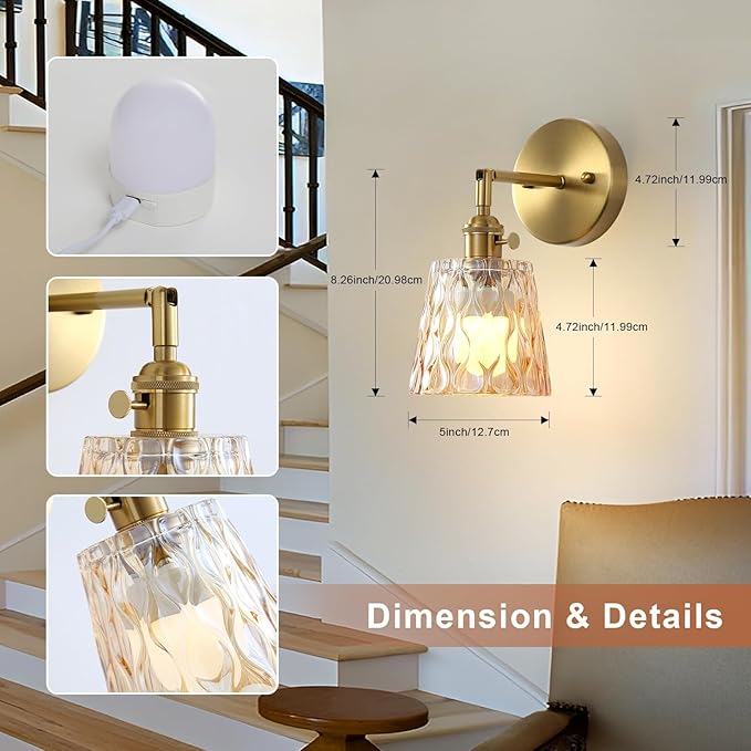 2 Pack Vintage Battery Operated Wall Sconces with Amber Glass Shade, Wireless Rechargeable RGB Wall Light, Remote Control & 180 Degree Adjustable, for Bedroom Living Room Hallway Aisle - Bloomnest