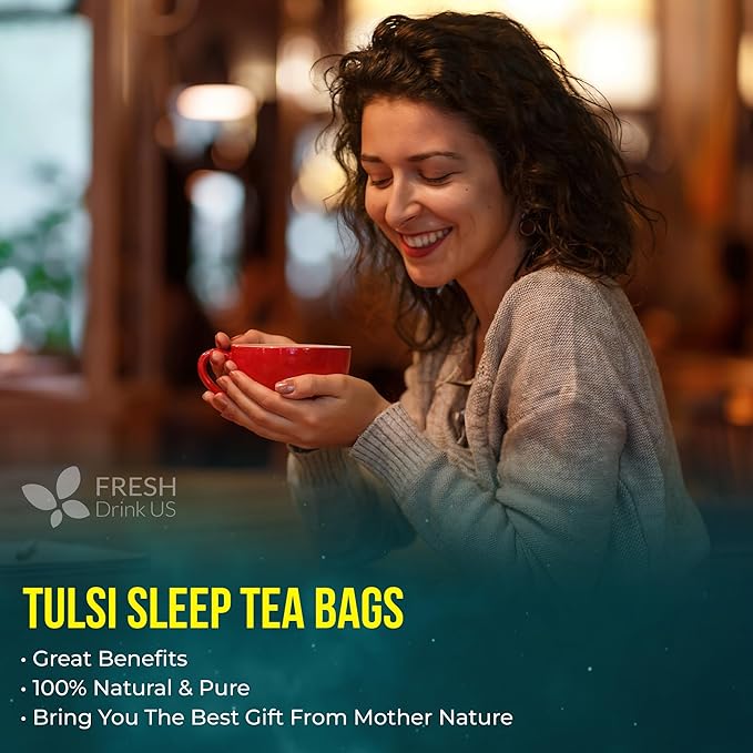 FreshDrinkUS, Tulsi Sleep Tea Bags | 135 Tea Bags | Herbal Blend with Tulsi Holy Basil, Chamomile, Gotu Kola, Ashwagandha & Peppermint | Naturally Caffeine-Free, Relaxing Evening Herbal Tea. Vegan - Bloomnest