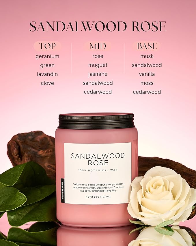 M&SENSE Sandalwood Rose Scented Candle 19.4oz 110 Hours Long Lasting Burn Natural Soy Wax Strong Scented Candle for Home, 2 Wick Home Fragrance Slow Burning Housewarming Gifts for Men Women - Bloomnest