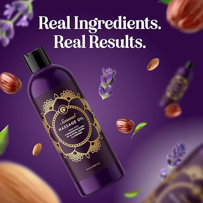 Aromatherapy Sensual Massage Oil for Couples - Relaxing Full Body Massage Oil for Date Night with Sweet Almond Oil - Vegan Lavender for Massage Therapy Smooth Gliding Formula 8 Fl Oz
