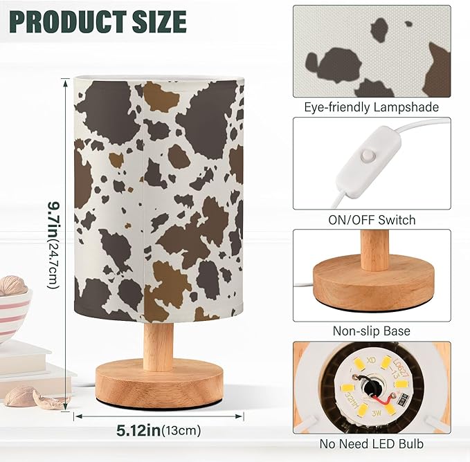Table Lamp Cow Skin Brown Cowhide Pattern Nightstand Lamp with Wood Base Fabric Lamp Shade Bedside Desk Lamp for Living Room Bedroom Kids Room Office - Bloomnest