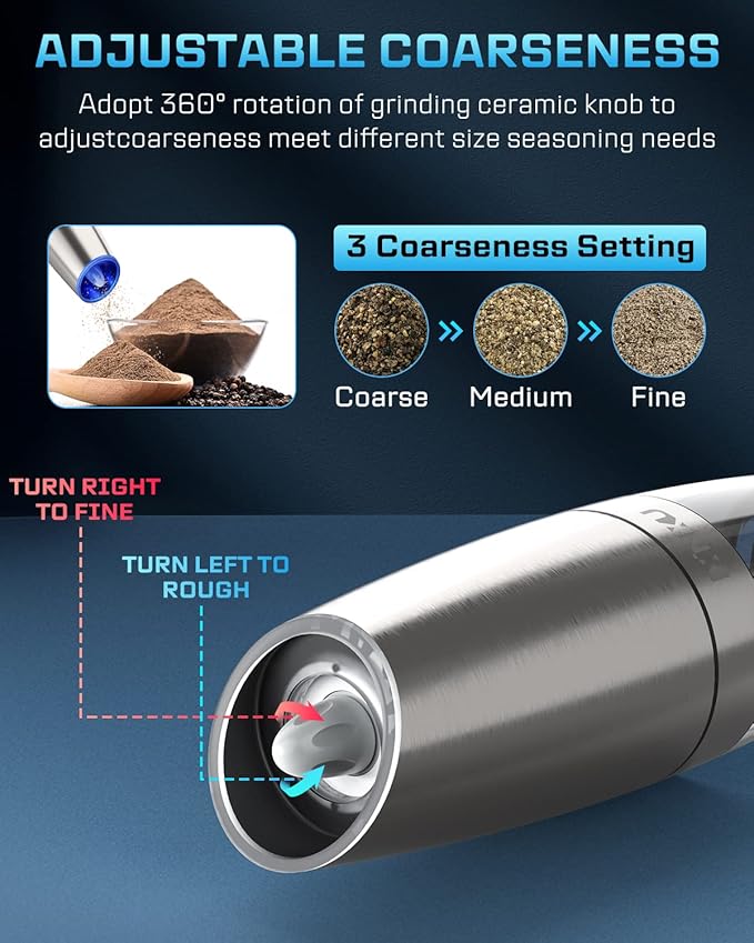 XinXu Gravity Electric Pepper and Salt Grinder Set, Adjustable Coarseness, with LED Light, One Hand Automatic Operation (Set/Silver X) - Bloomnest