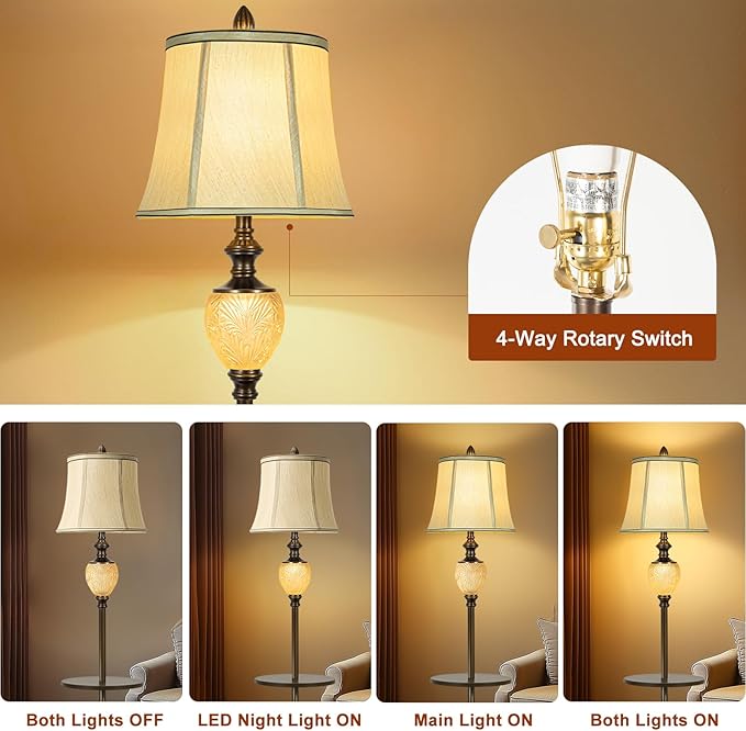 64" Vintage Floor Lamp for Living Room with Tray and Nightlight Farmhouse Tall Standing Lamp with Beige Faux Silk Shade Rustic Reading Lamp Decor for Bedroom Home Office Hotel Bar (Bulb Included) - Bloomnest