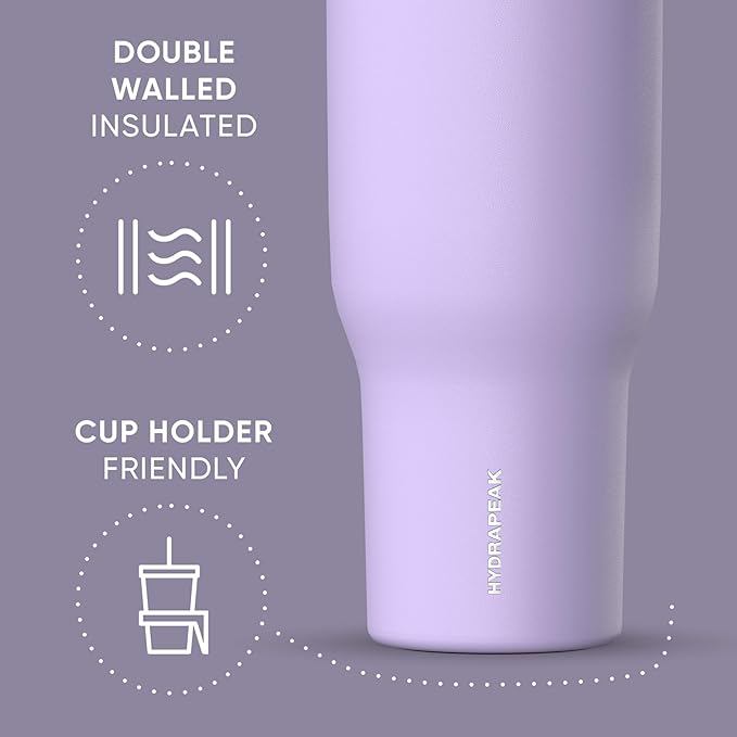 Hydrapeak Voyager 40 Oz Stainless Steel Tumbler with Handle, Insulated Water Bottle With Straw & Lid, Cupholder Friendly Reusable Travel Mug (Lavender) - Bloomnest