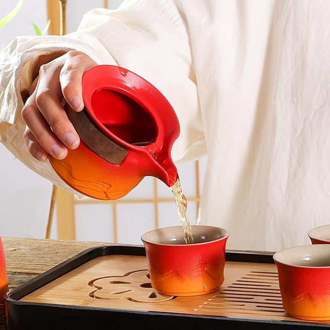 LURRIER Gongfu tea sets, Portable Ceramic TeaSet, Asian Tea sets for adult, Tea Gift sets, Grey leather case, Portable Travel Bag,Home,Gifting,Outdoor and Office(Red and Orange) - Bloomnest
