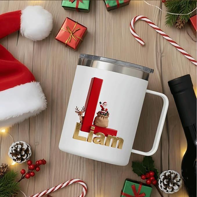 Personalized Christmas Insulated Coffee Mug with Handle – Custom Initial Letter Double Wall Stainless Steel Travel Tumbler for Hot & Cold Drinks – Unique Holiday Gift for Men, Women, & Kids(B111) - Bloomnest