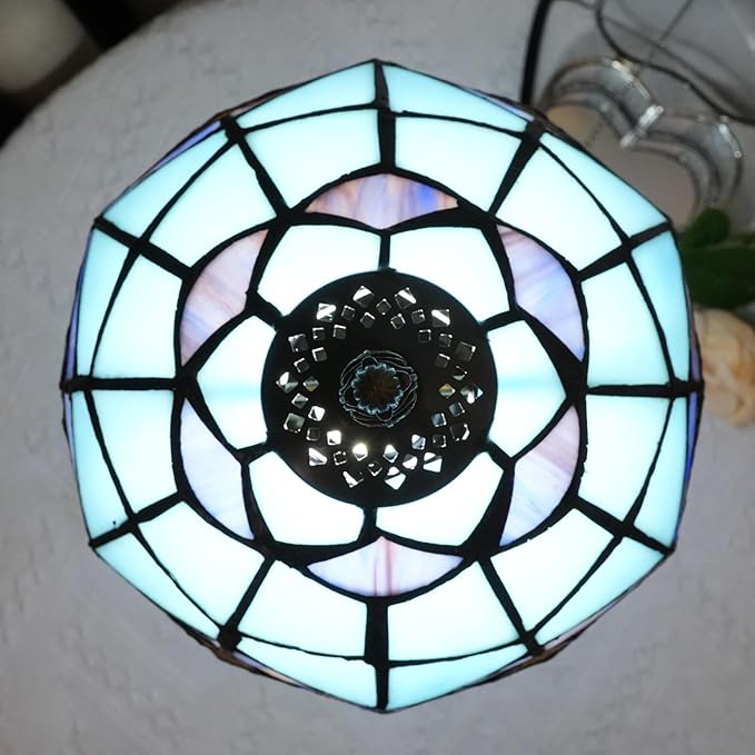 Tiffany Lamp 8 Inch Small Stained Glass Table Lamp Blue Mediterranean Handmade Warm Reading Bedside Lamp Dining Room Bedroom Living Room Office Study Tiffany Style Retro Home Decoration Crafts（feath） - Bloomnest