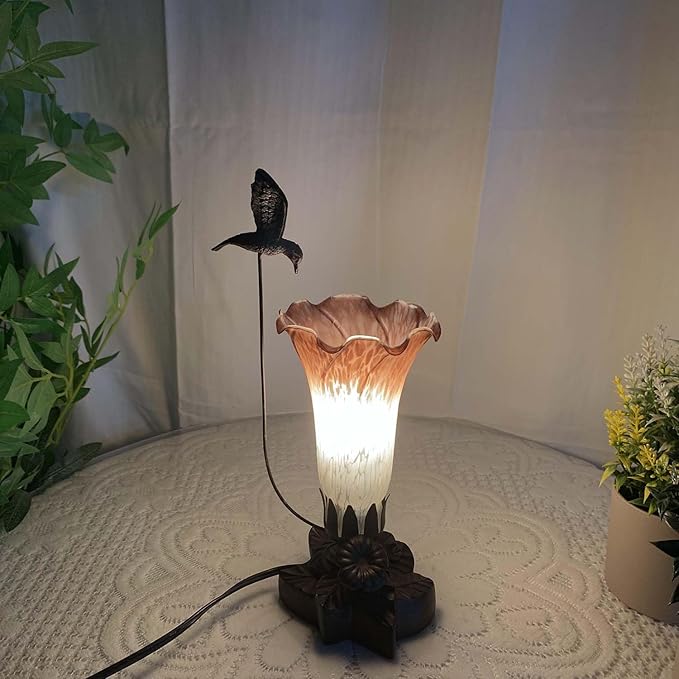 Bieye LL09 Hummingbird Flying Over Lily Flower Blown Glass Table Lamp for Home Decor (White Brown, 4.25Wx12H)