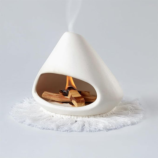 Ceramic Palo Santo Holder Burner,Incense Cone Holder,Mini Chiminea for Palo Santo Sticks and Sage Burner,with Handmade Heat Insulated Mat,Dust Brush,Metal Tweezer. (White) - Bloomnest