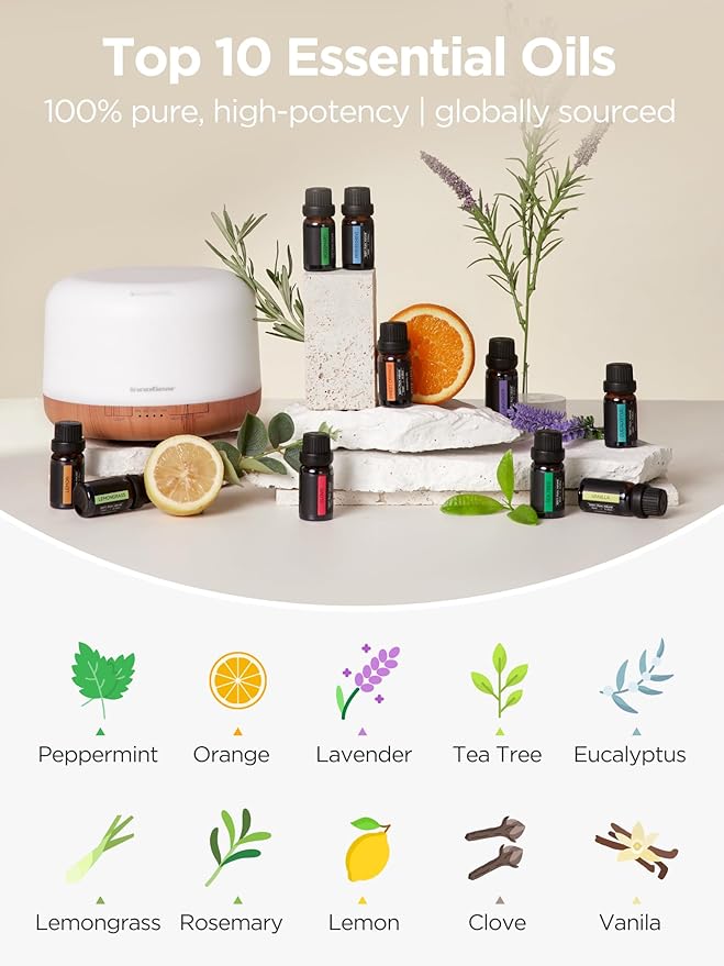InnoGear Aromatherapy Diffuser & 10 Essential Oils Set, 500ml Essential Oil Diffuser with Remote Control Ultrasonic Cool Mist Scent Humidifier Vaporizer Auto-Off Timer for Room Office Home, Yellow - Bloomnest