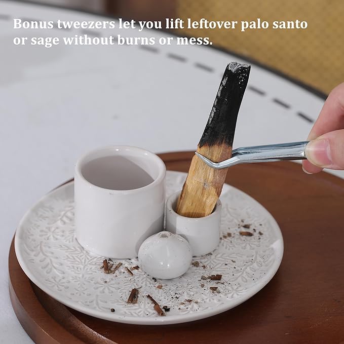 5 in 1 Incense Holder Burner, 5.9" Ceramic Holder for Burning Palo Santo Sage Candle and Incense Sticks Cones, Ash Catcher Tray for Meditation Room Home Décor(White) - Bloomnest
