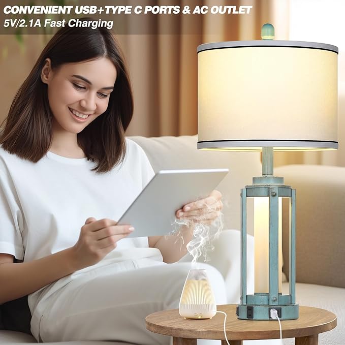 Table Lamp for Living Room, Vintage Rustic Industrial Farmhouse Lamps with USB A+C Charging Ports & AC Outlet, Beside Nightstand Metal Lamp with LED Night Light & Fabric Shade for Bedrooms - Bloomnest