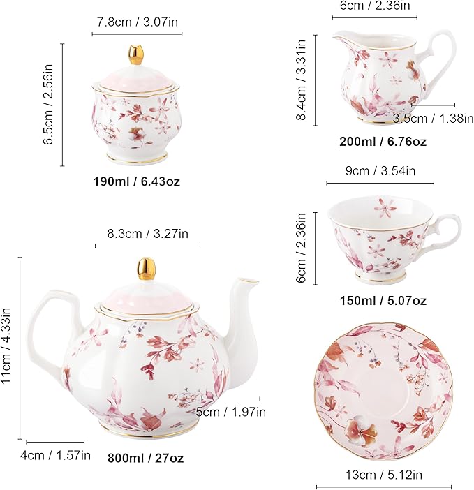 fanquare 21 Pieces British Porcelain Tea Set with Gold Trim, Pink Autumn Leaves Floral Tea Sets for Women Tea Party, 6 Teacup and Saucers for Coffee Home Wedding - Bloomnest