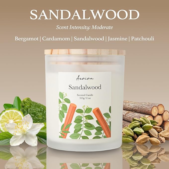 Sandalwood Scented Candle, 11oz 60 Hour Burn, Natural Soy Wax with Thick Cotton Wick, Highly Scented Aromatherapy Candle for Stress Relief & Meditation, Gifts for Women & Men - Bloomnest